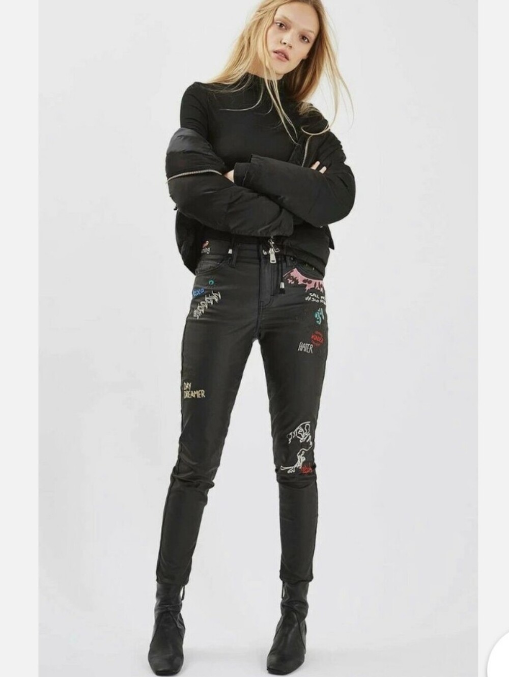 Black Embroidered Graphic Moto Jamie Scribble Jeans